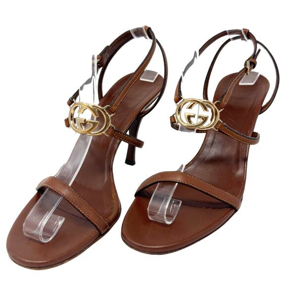 Gucci GG Logo White Gold Cognac Tan Brown Leather Strappy Heels Sandals US 8 - Picture 1 of 10
